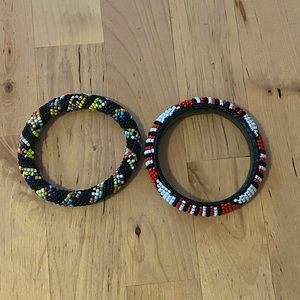 Two traditional African leather and glass bead bangles - handmade in Kenya